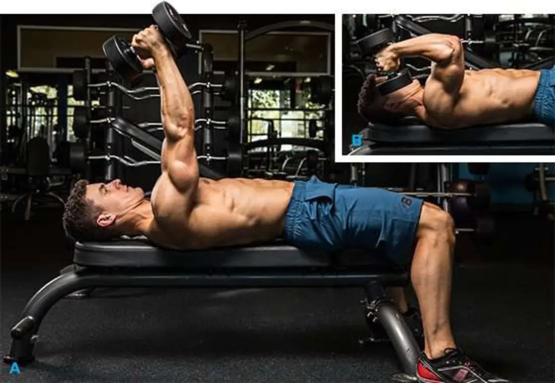 Homem fazendo tríceps testa com halter no banco da academia.